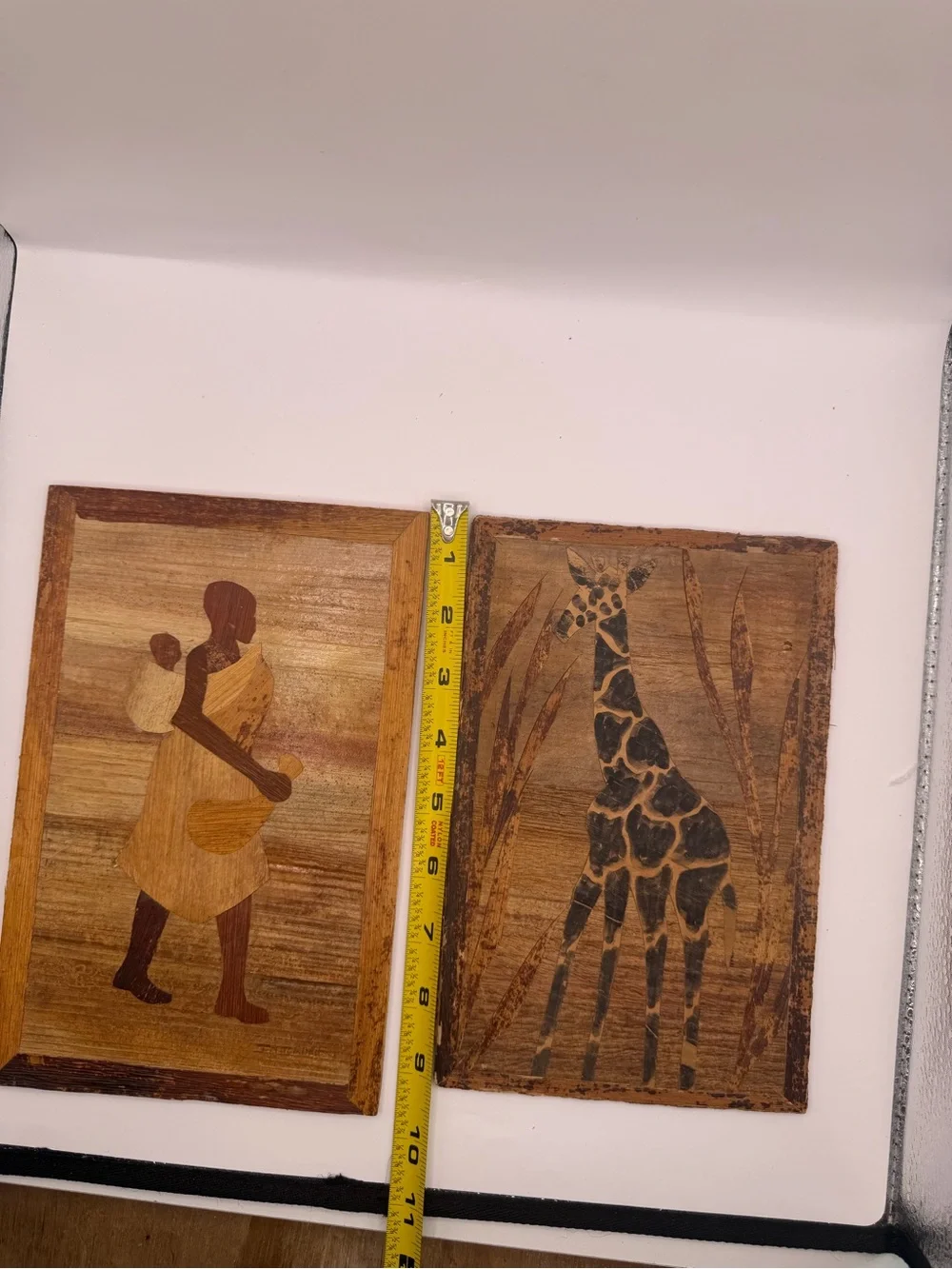 Vintage Kenya Banana Leaf Art Set Giraffe Mother & Baby African Wall Decor